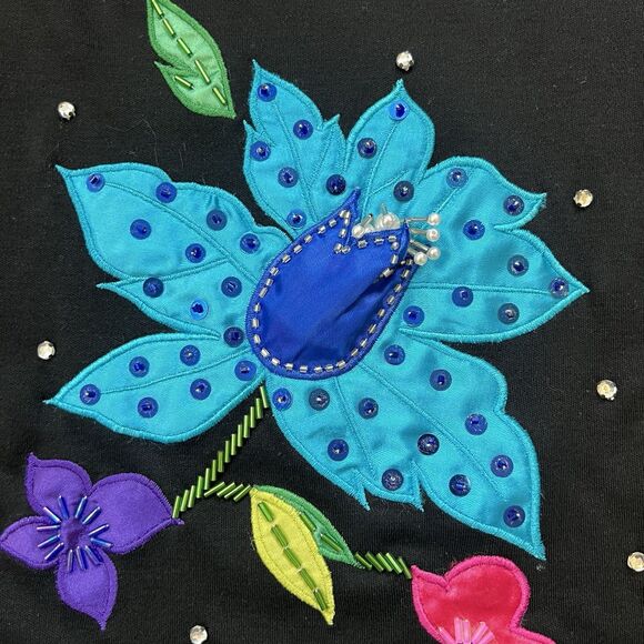 Vtg 80S Lisa Ashley T Shirt Black Sz M Embroidered Beaded Colorful Floral SP Pad - Picture 6 of 10